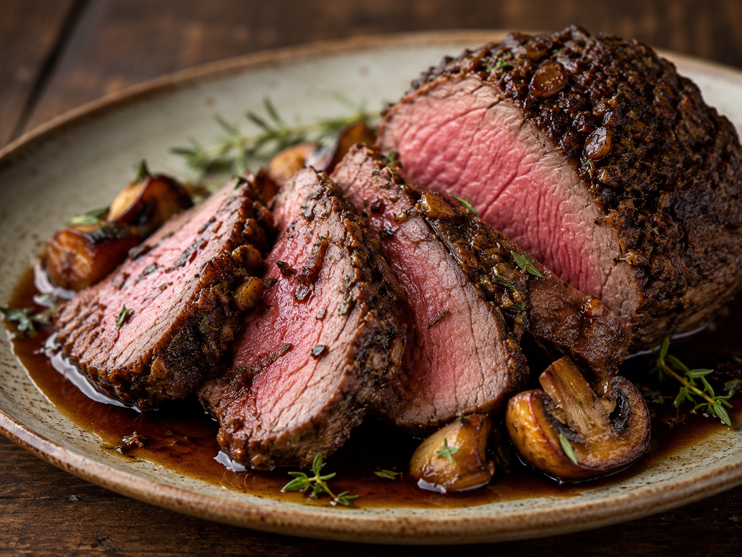Porcini-crusted beef tenderloin with herbs and mushrooms