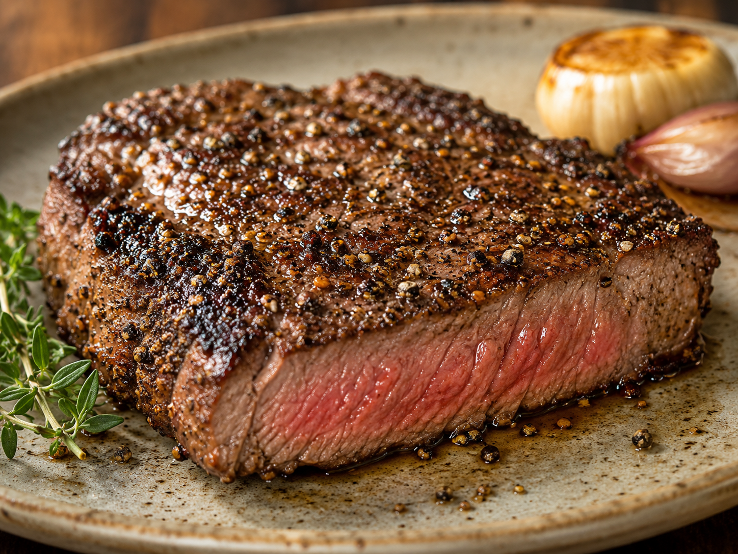 Peppercorn-crusted ribeye with herbs and garlic