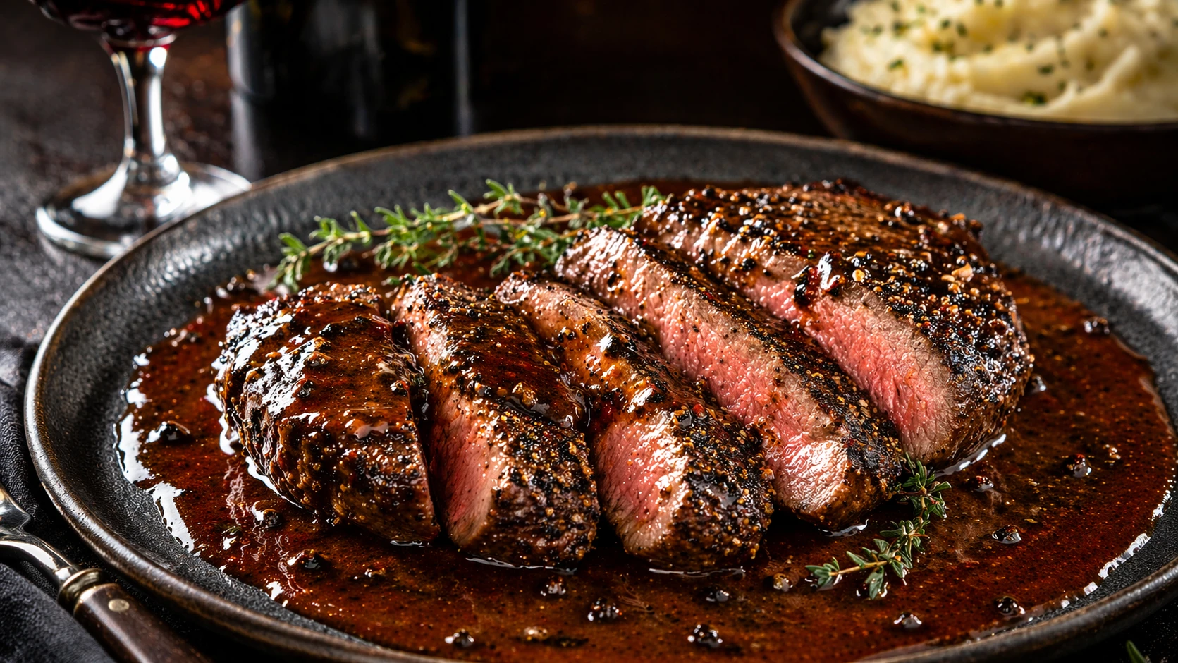 Steak au poivre with wine and potatoes
