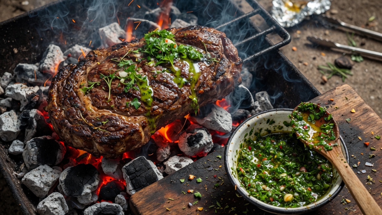 Steak on the coals with chimichurri
