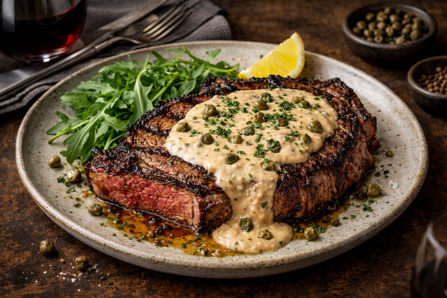 Grilled rib-eye steak with tonnato sauce