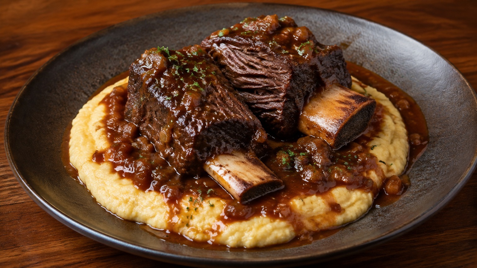 Red wine-braised short ribs over creamy polenta