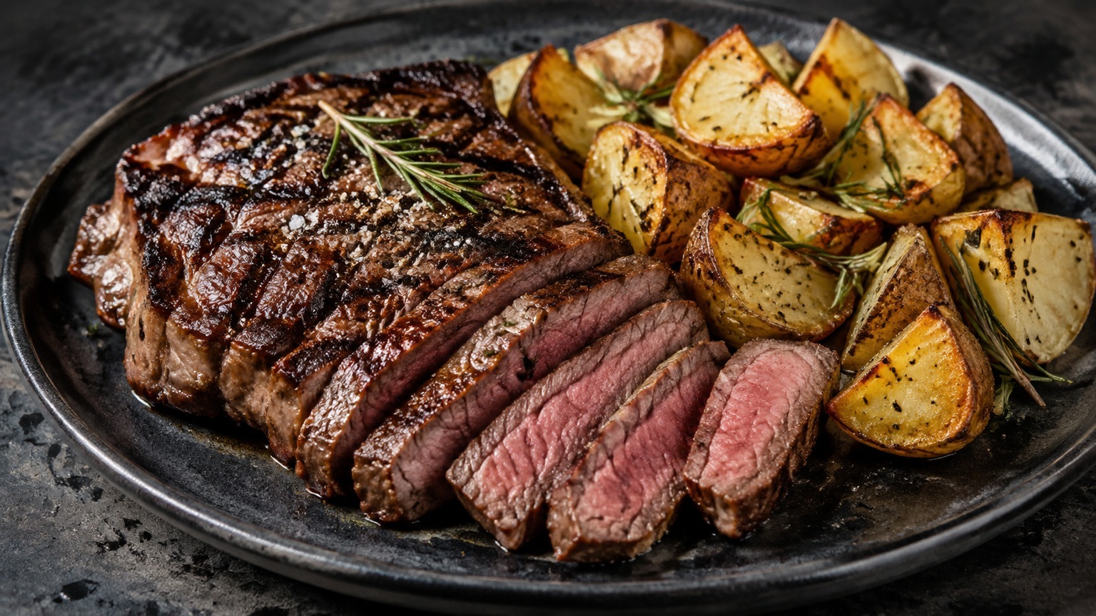 Grilled rib-eye steaks with roasted rosemary potatoes