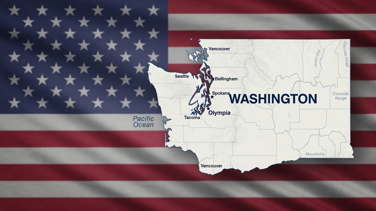 Flag and map of Washington, USA