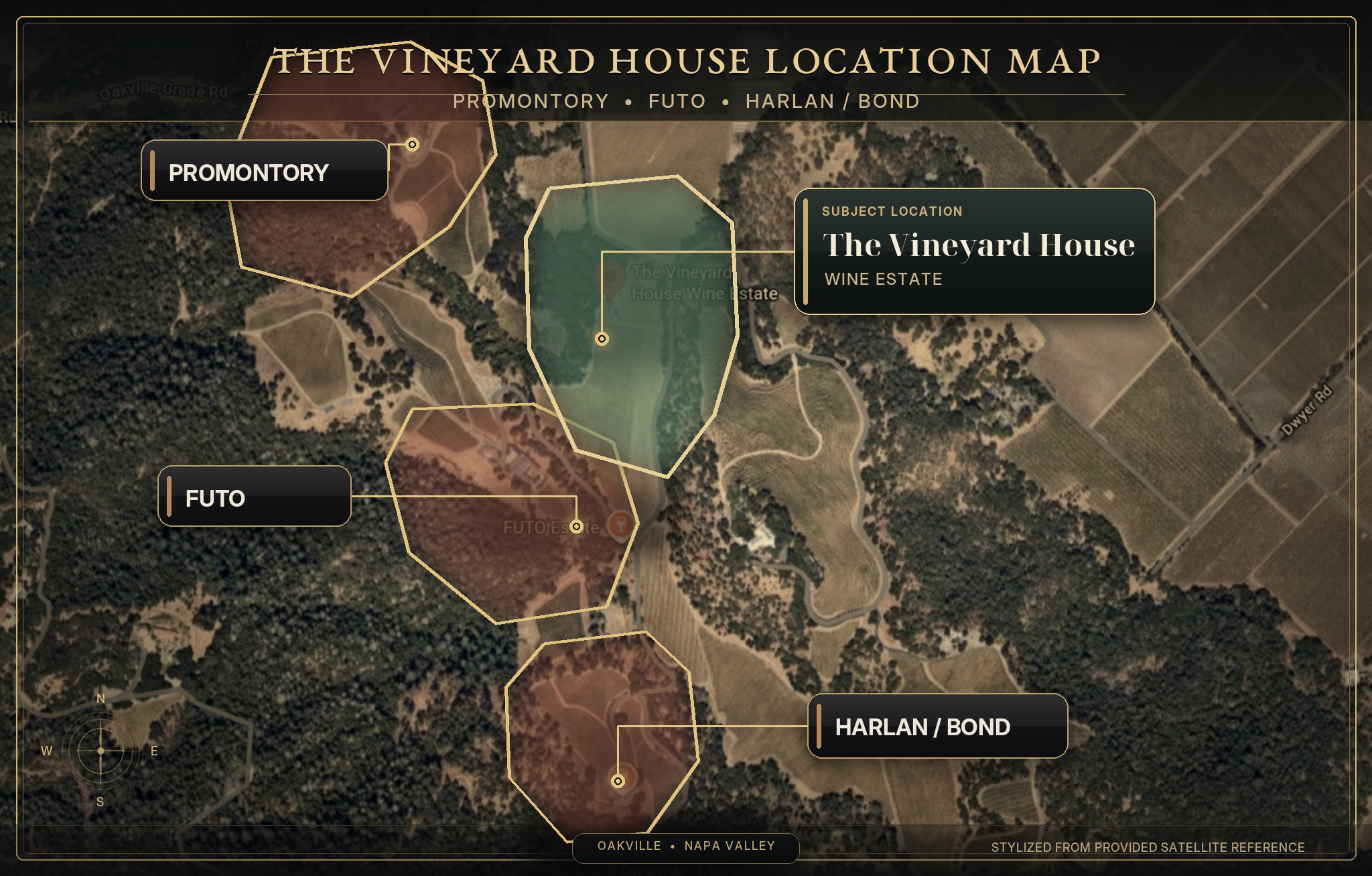 Map showing The Vineyard House in western Oakville beside Harlan Estate, FUTO, and Promontory