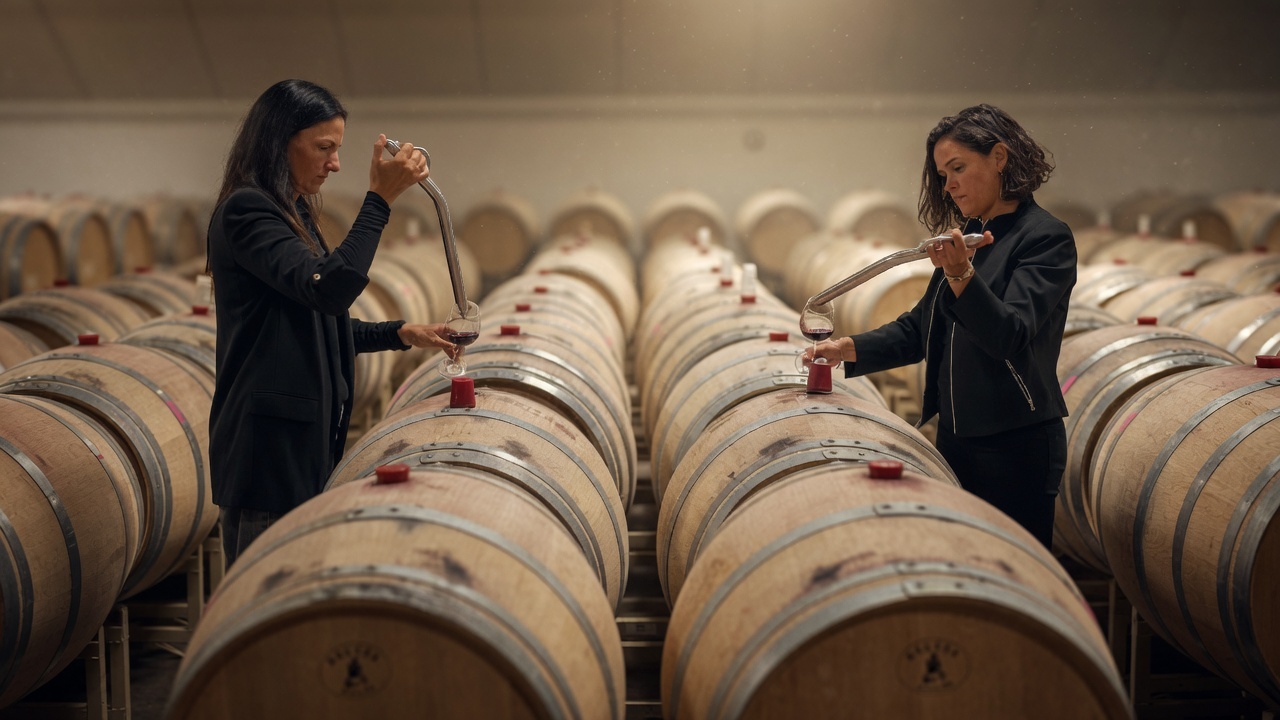Winemakers with barrels in the cellar