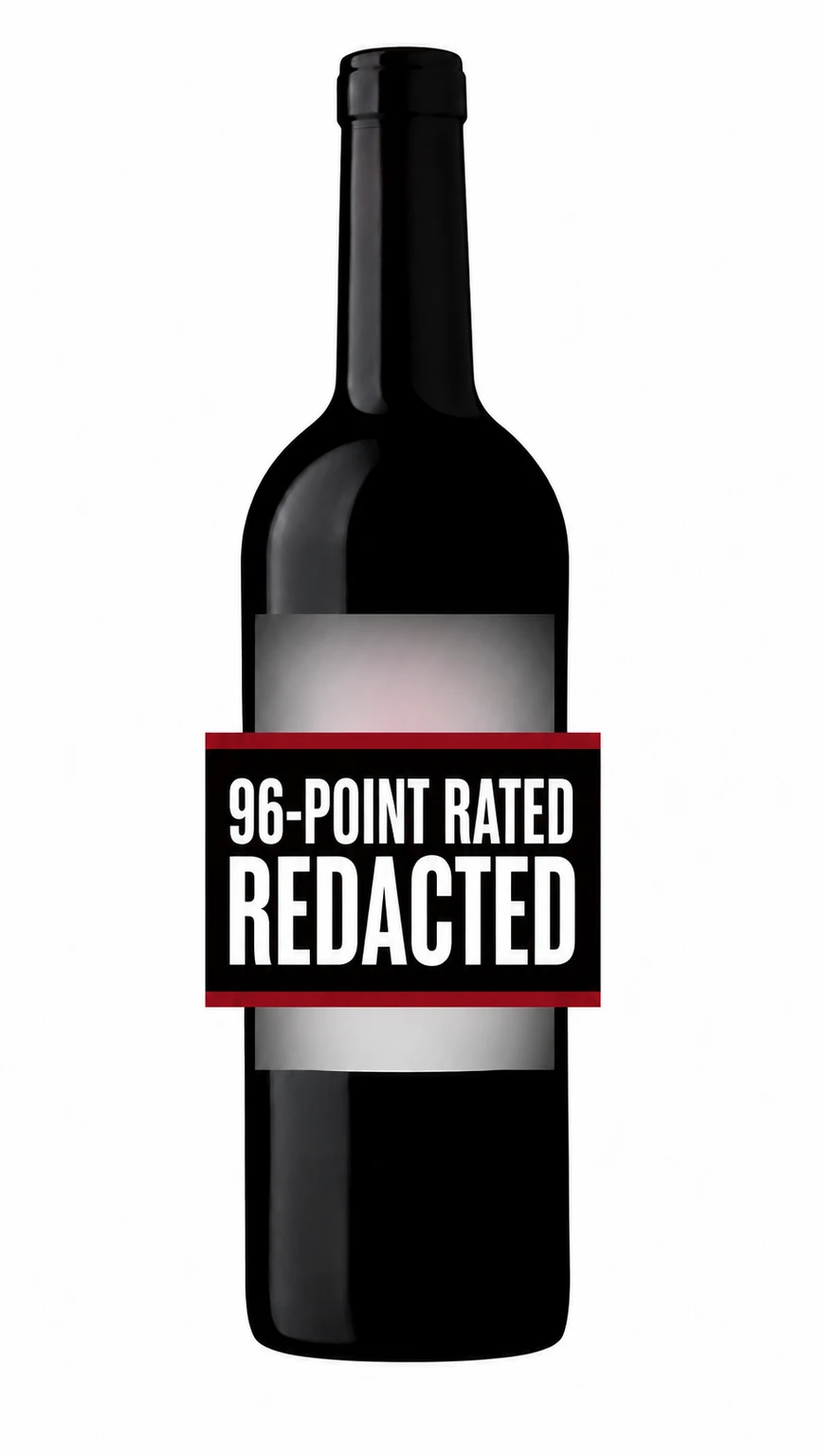 2023 mystery 96-point-rated Napa Valley Cabernet bottle with large redacted banner
