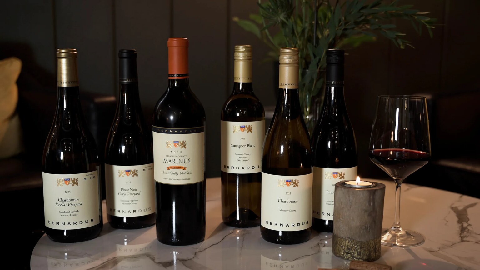 A selection of Bernardus wines arranged for dinner service
