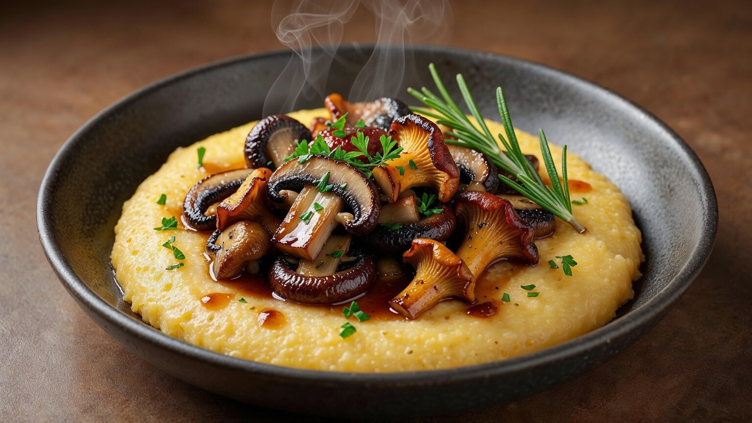 Wild mushroom ragout over creamy polenta, food-only editorial image