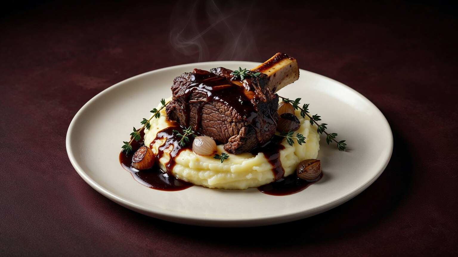 Red-wine-braised beef short rib over mashed potatoes, food-only editorial image