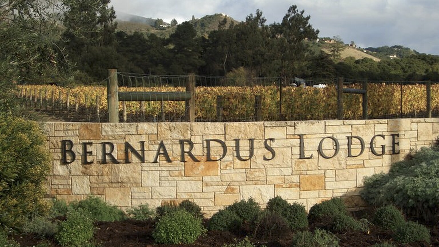 Bernardus Lodge sign with Carmel Valley vineyard in the background
