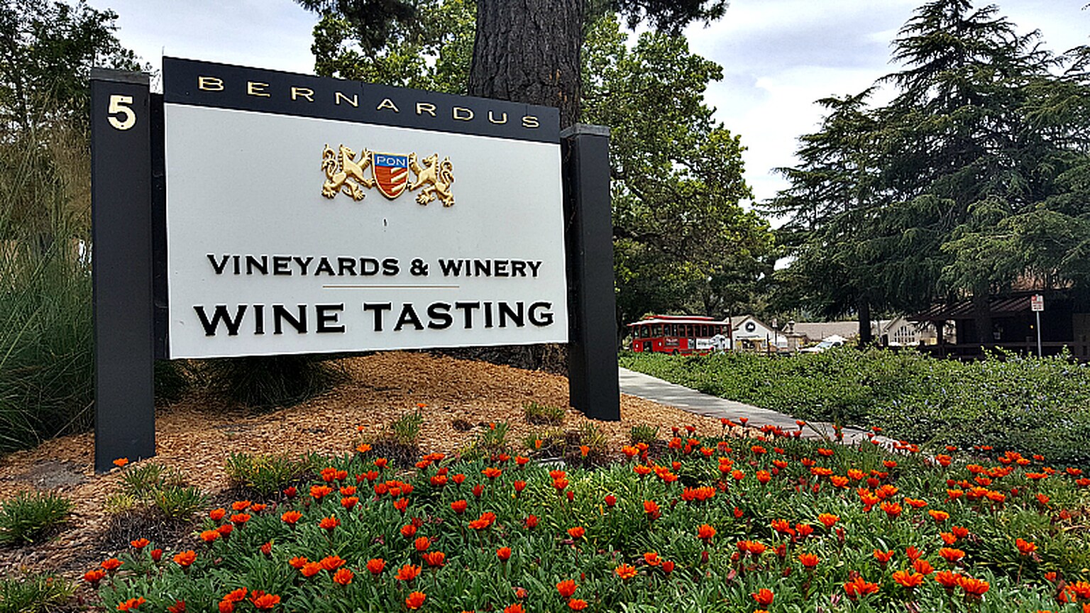 Bernardus Vineyards and Winery tasting room sign in Carmel Valley