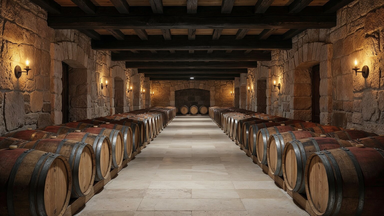 Editorial illustration of French oak barrels in a California wine cellar, not a documentary view of Bernardus