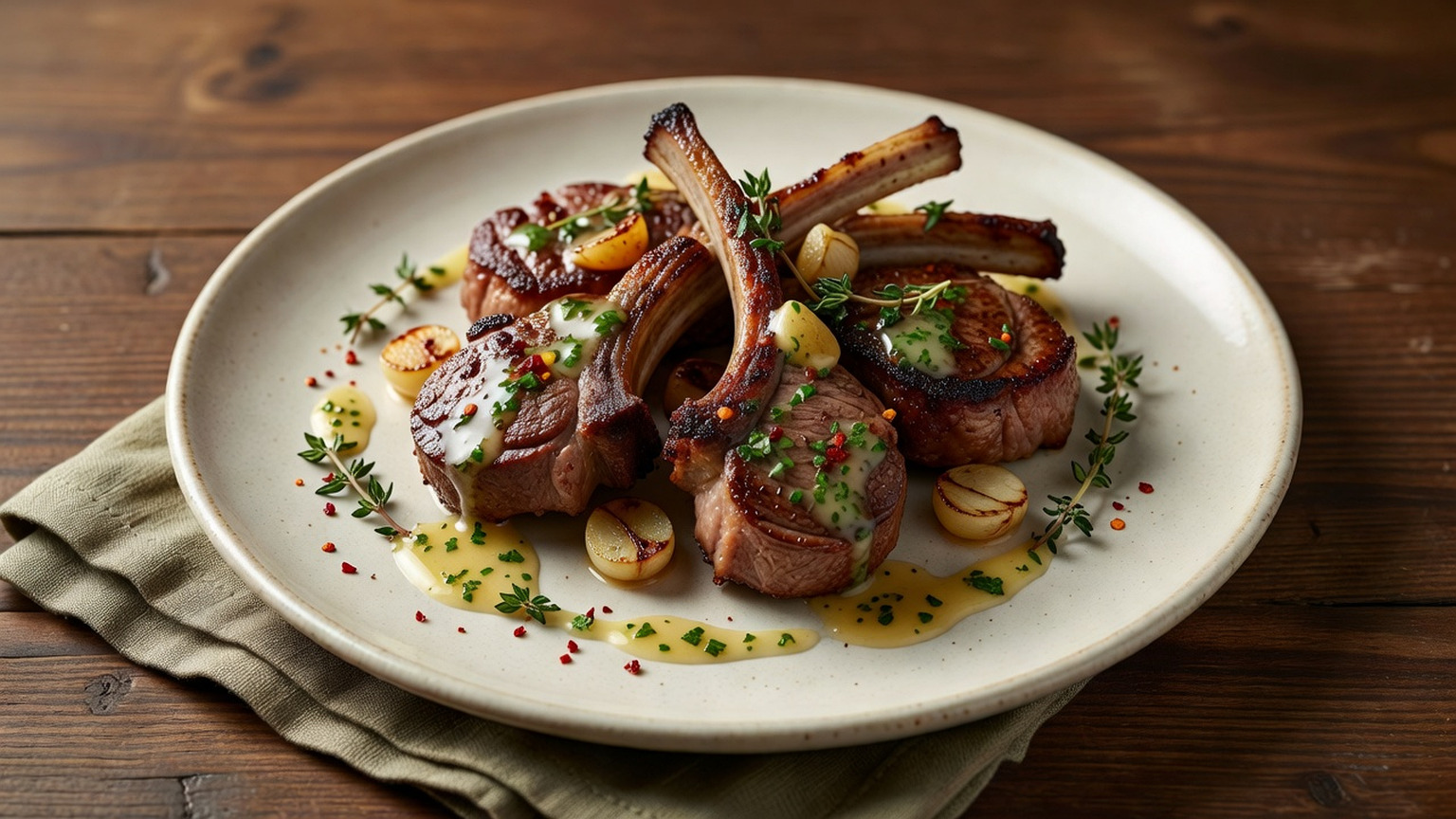 Pan-seared lamb chops with garlic and lemon-parsley sauce, food-only editorial image