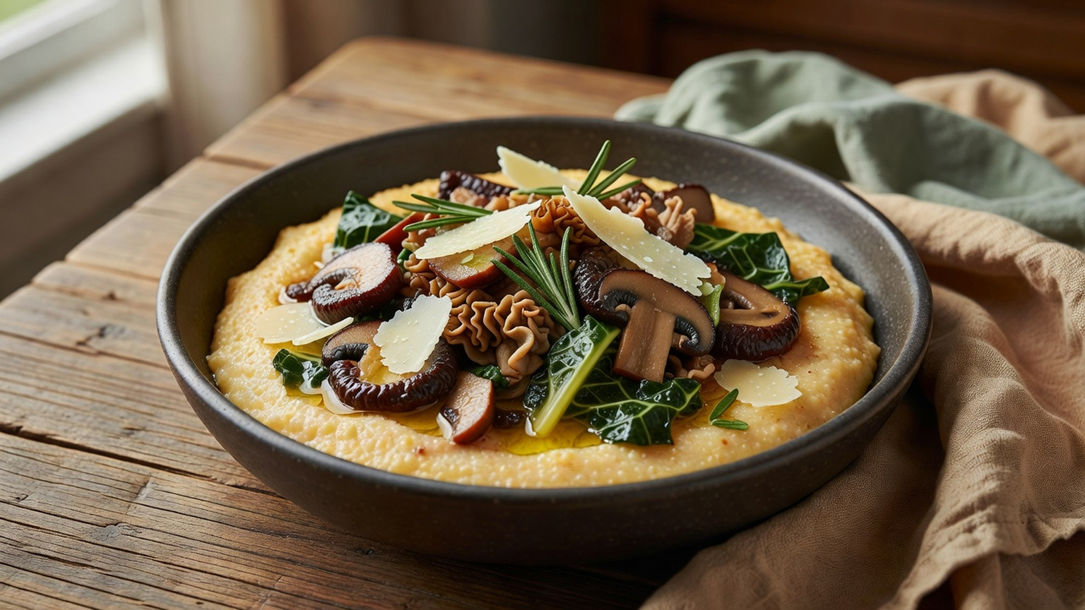 Mushroom ragù with escarole over creamy polenta, food-only editorial image
