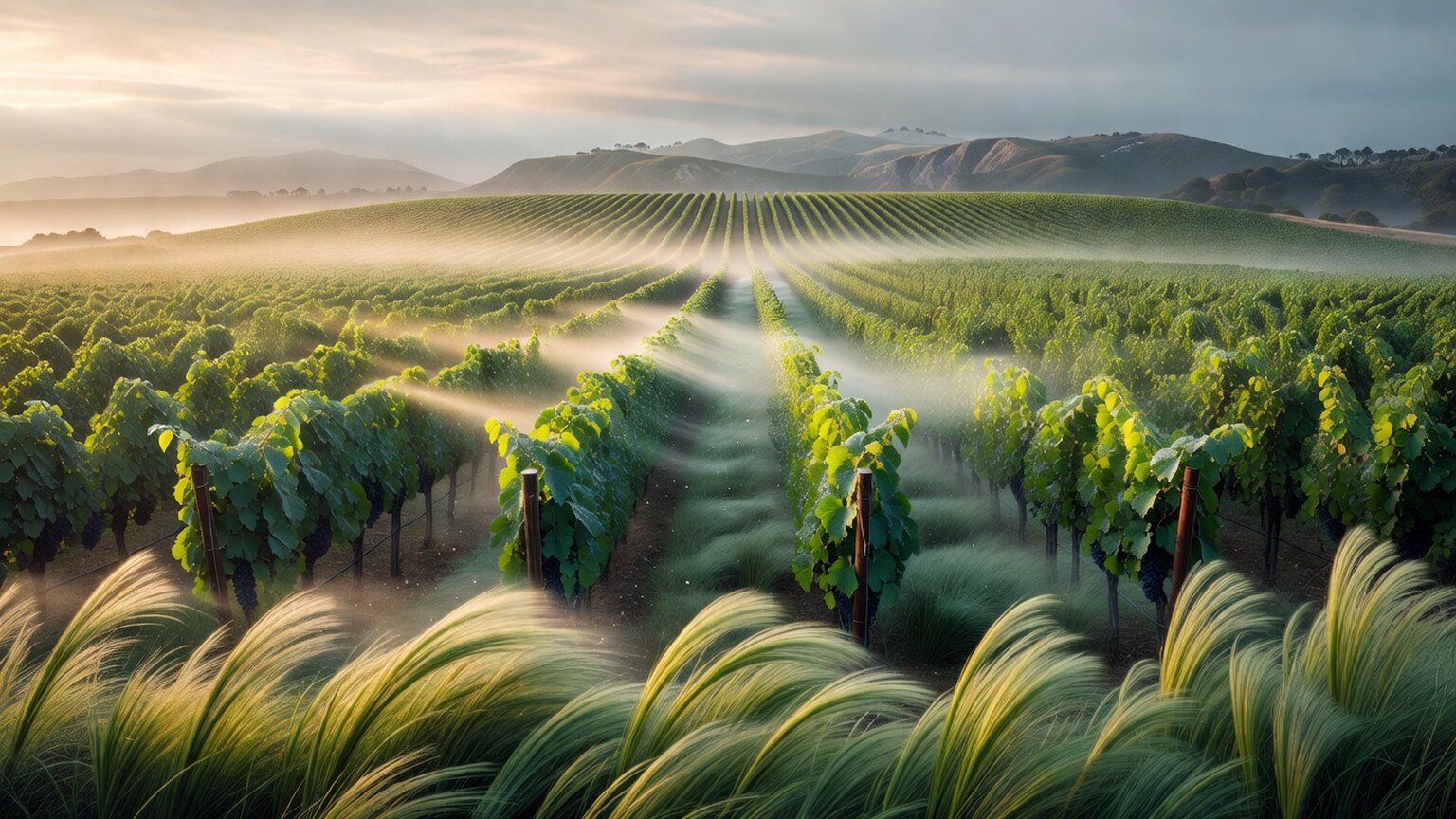 Editorial rendering of a fog-cooled Monterey coastal vineyard in morning light