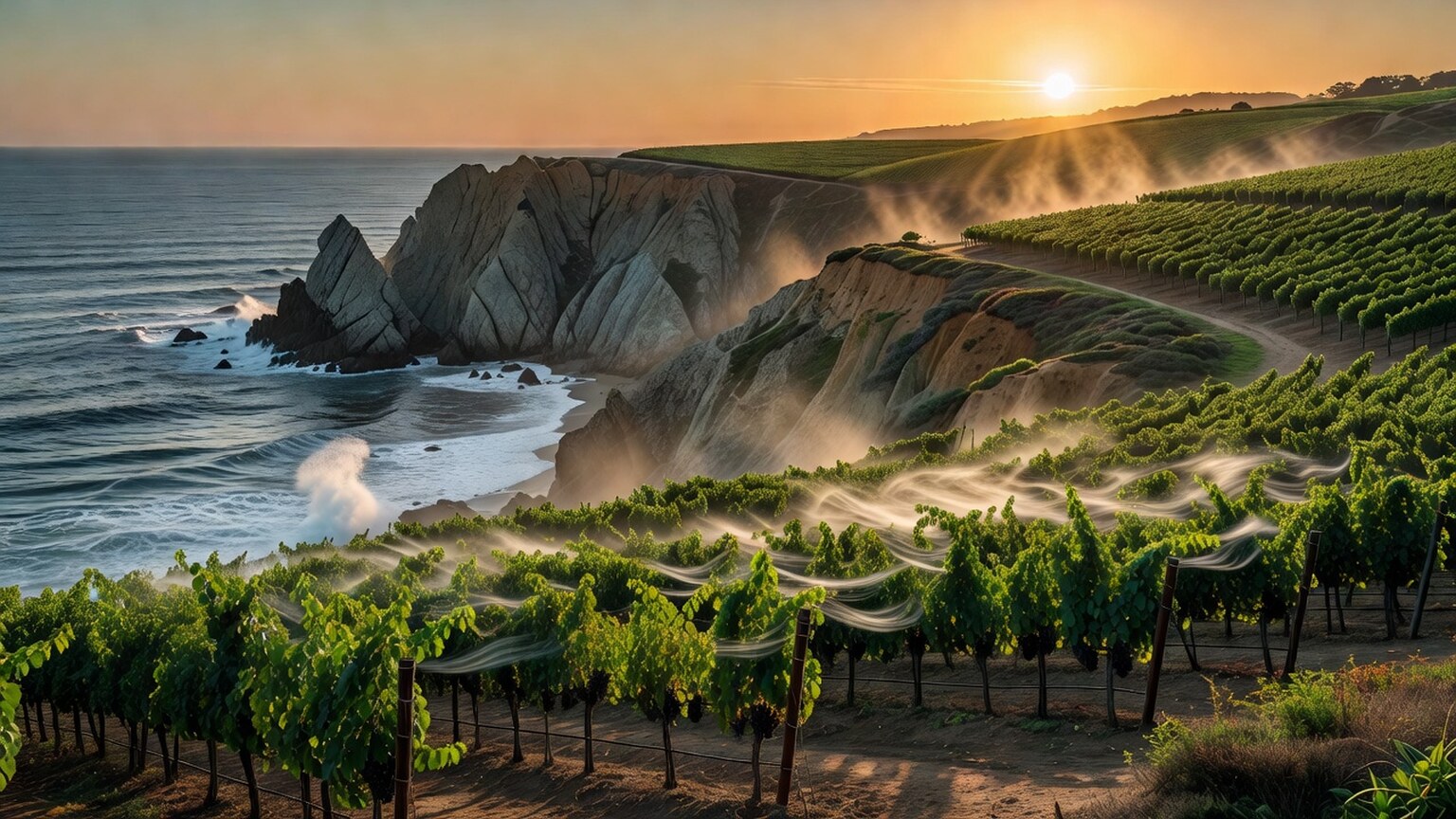 Editorial rendering of Monterey vineyards above the Pacific coast at sunset
