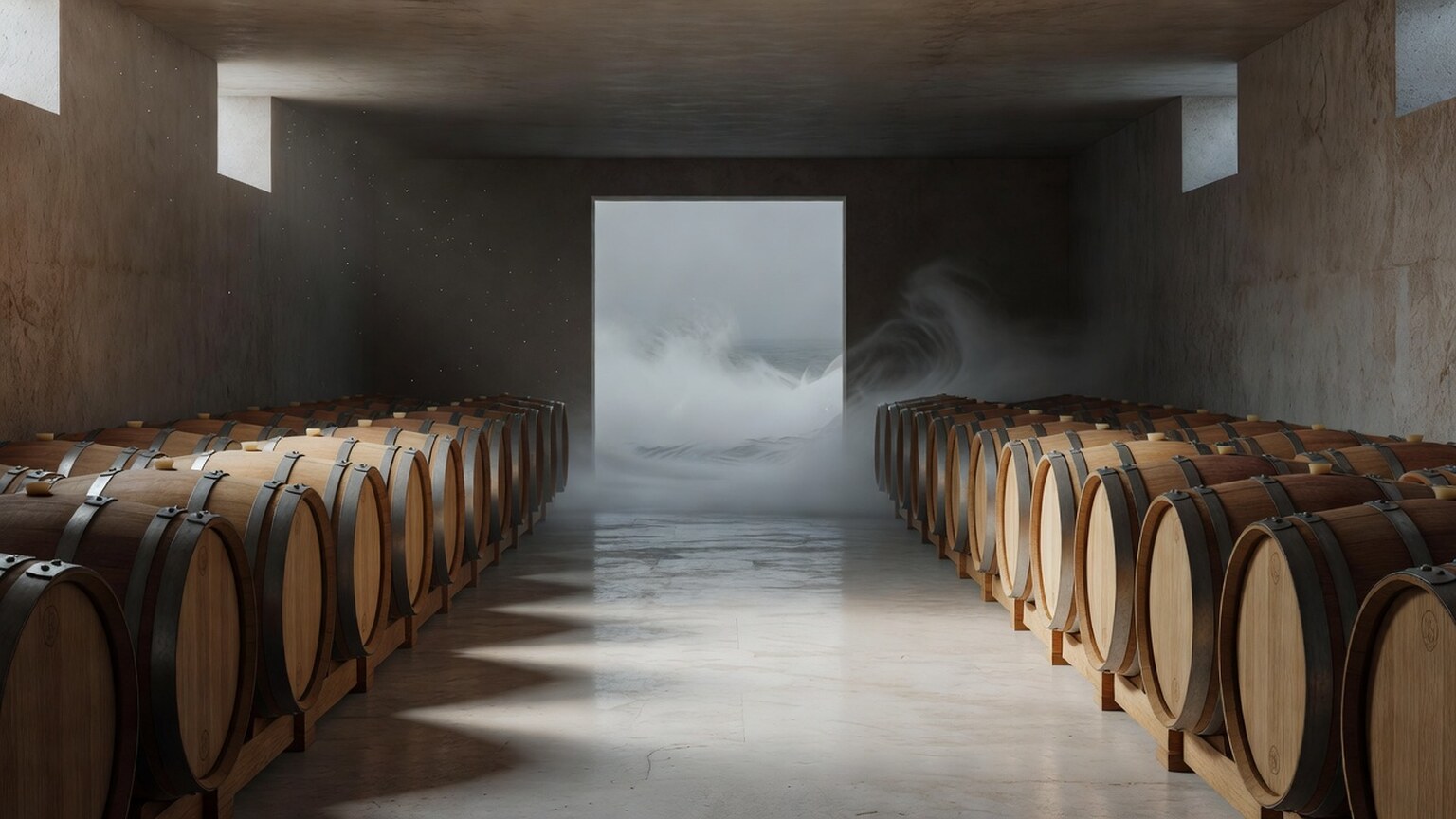 Editorial rendering of a cool coastal barrel room with rows of French oak
