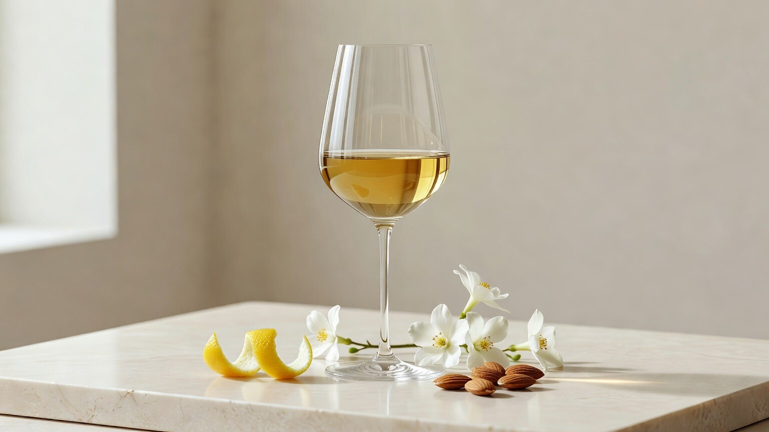 Editorial still life of golden Chardonnay with lemon peel, blossoms and toasted almonds