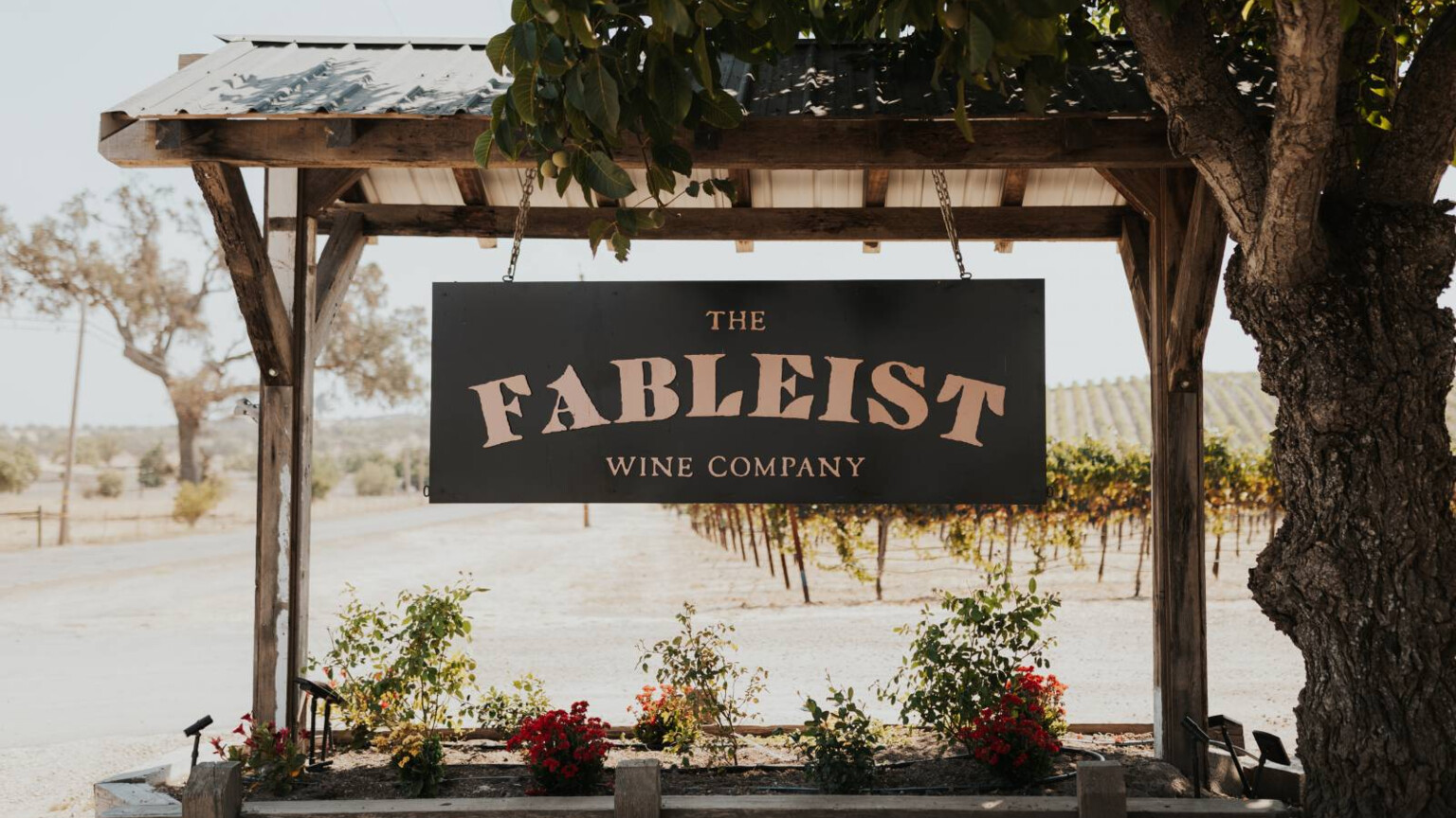 The Fableist Wine Company sign at the vineyard entrance