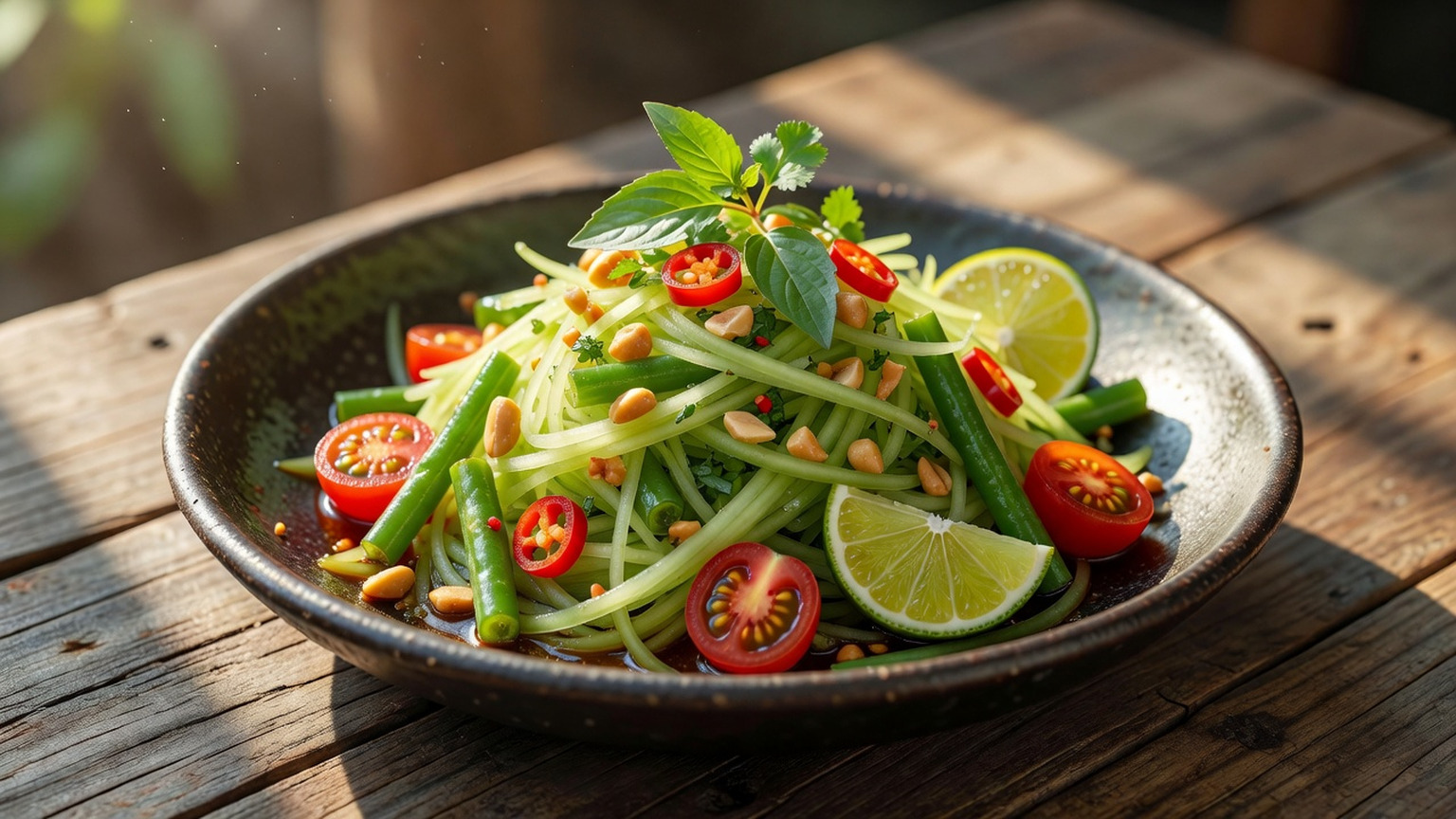 Lao papaya salad with green papaya, tomato, long beans, lime, chiles, and peanuts