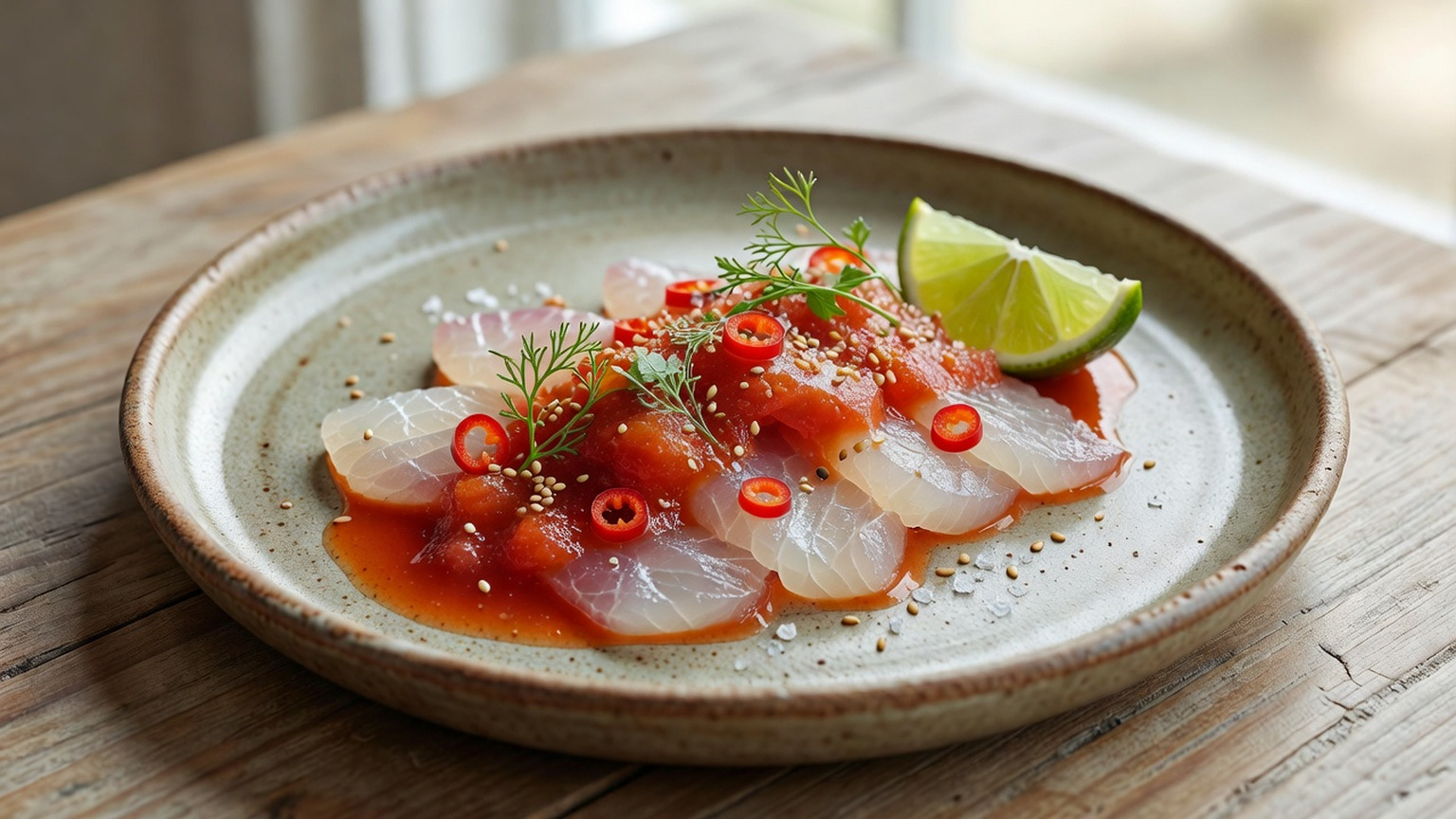 Snapper crudo with chiles, sesame, tomato, and lime