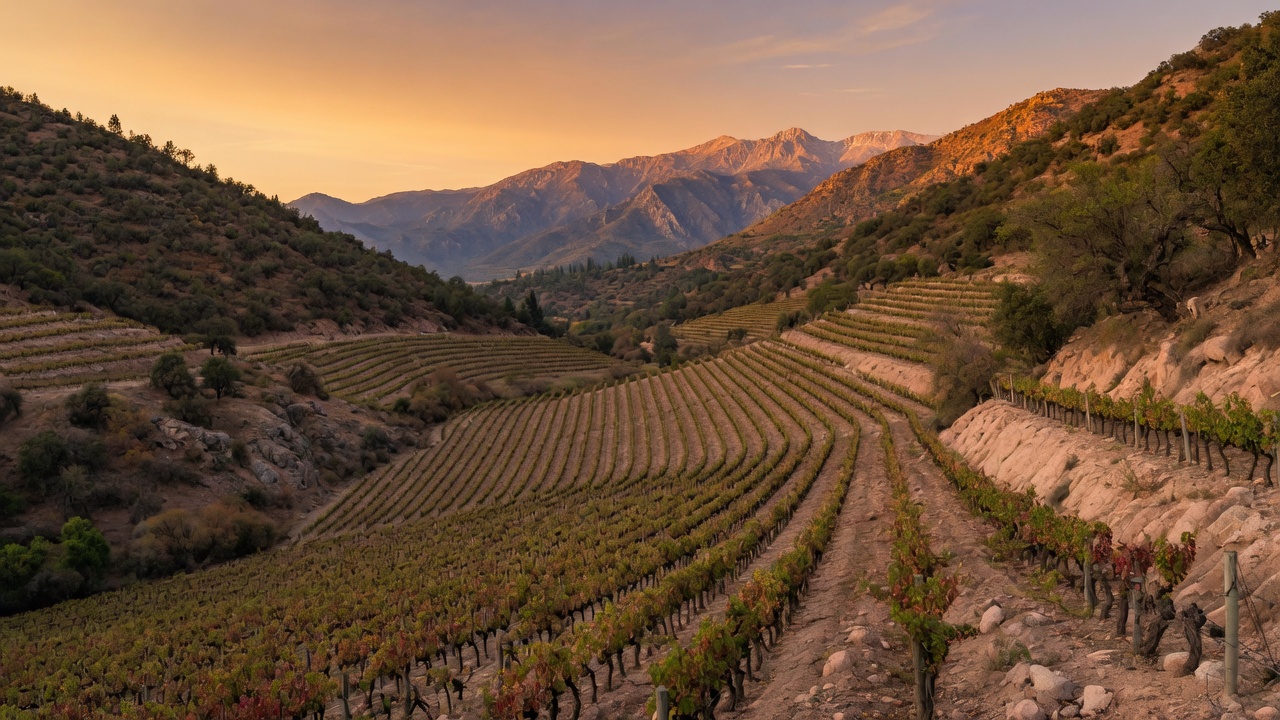 Carmenère and Cabernet rows on granite hillsides in Apalta Valley, Chile