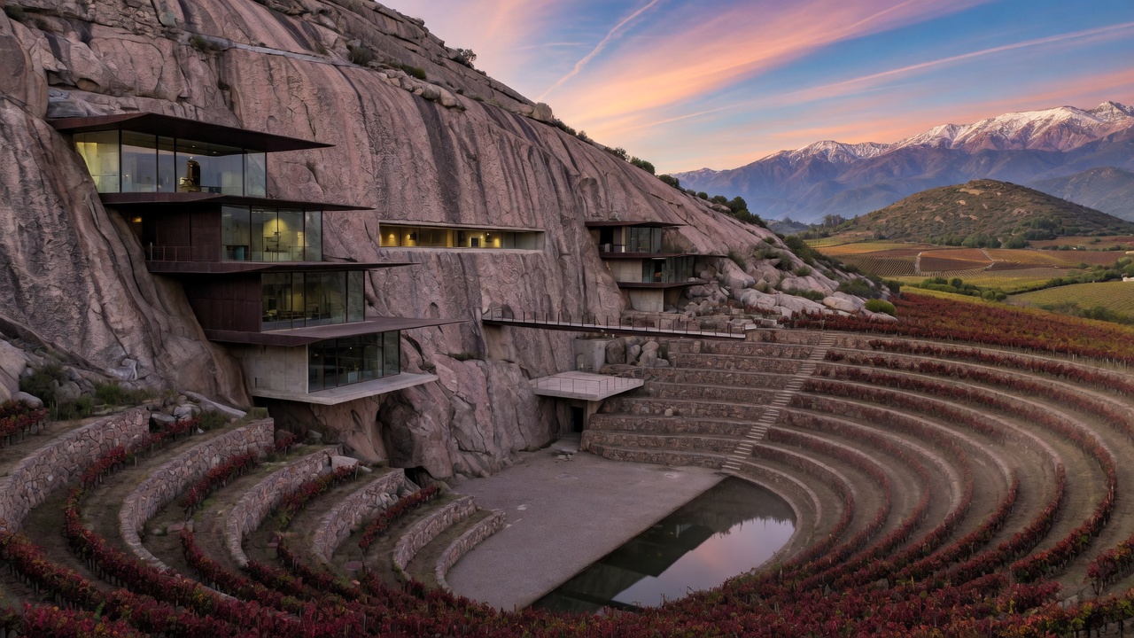 Clos Apalta estate architecture against the Apalta vineyard amphitheater
