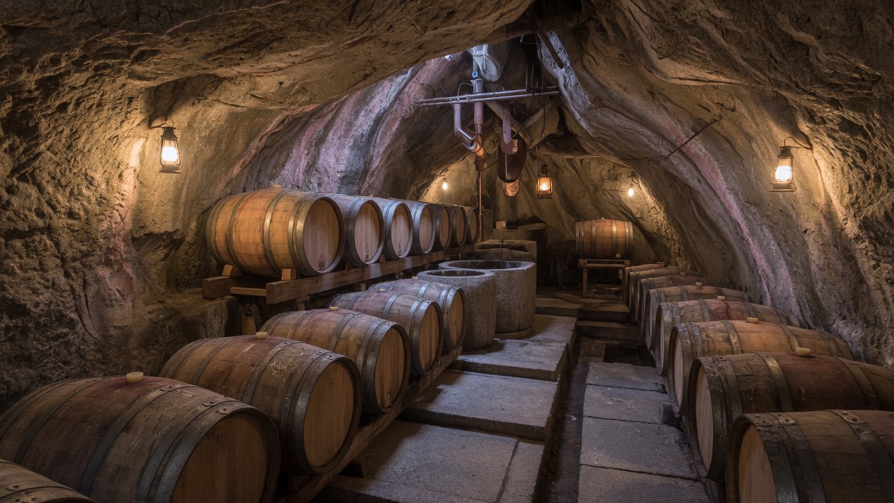 French oak vats in a granite hillside cellar