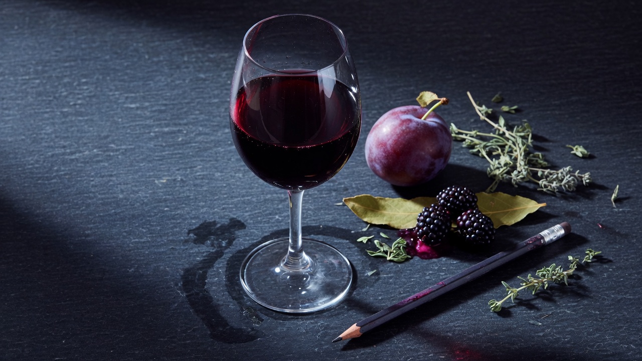 Glass of dark purple Chilean red with plum, blackberry, bay leaf, and graphite