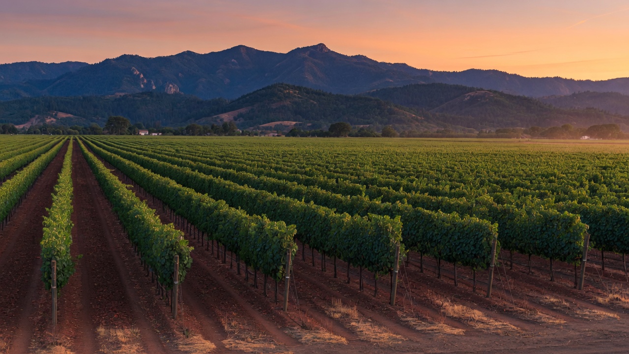 Rutherford valley-floor Cabernet vineyard, Mayacamas in the distance