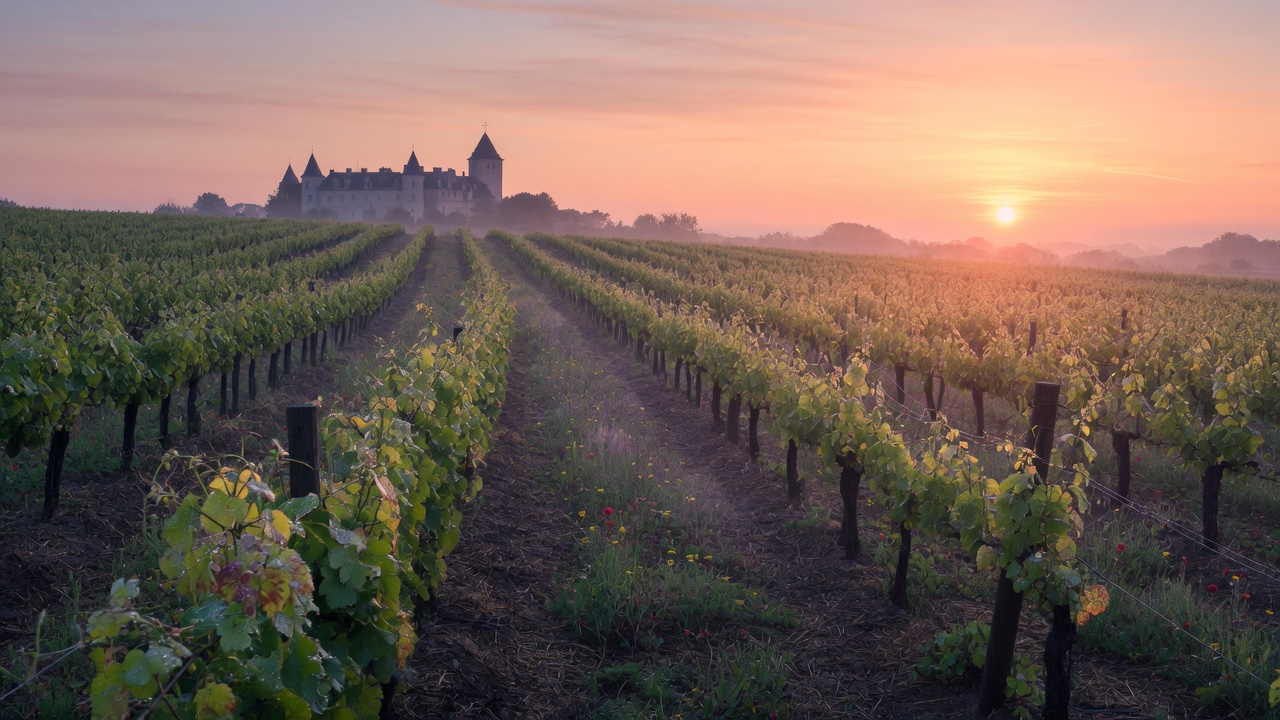 Sunrise over biodynamic vineyard rows in Languedoc