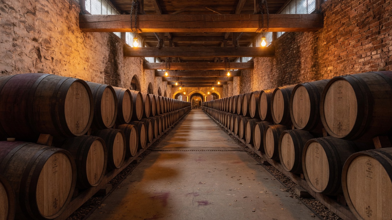 French oak barrels in a Napa cellar