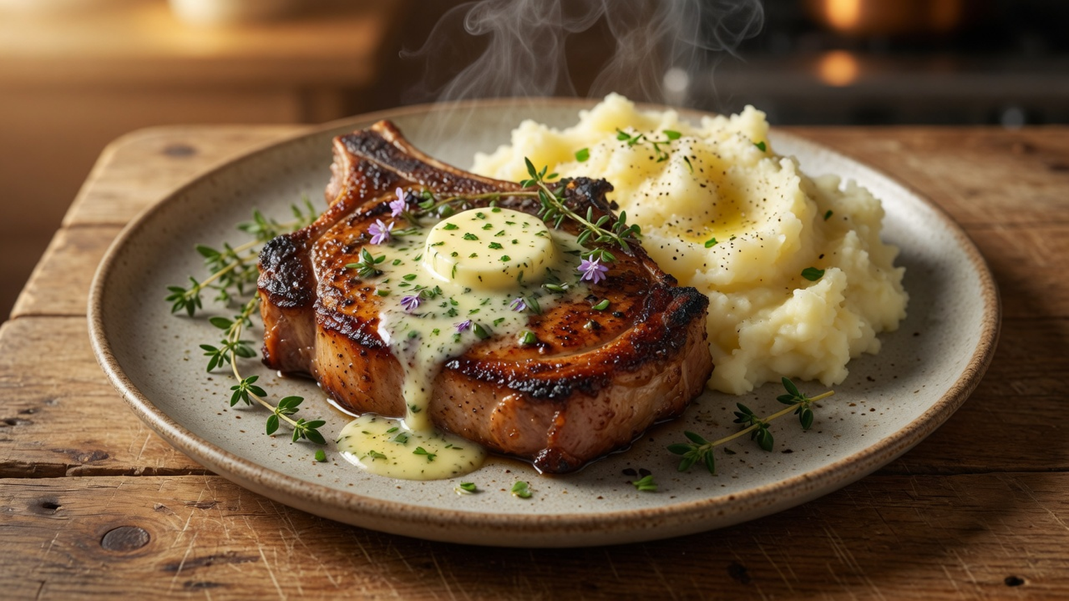 Pan-seared pork chop with herb butter, food pairing image