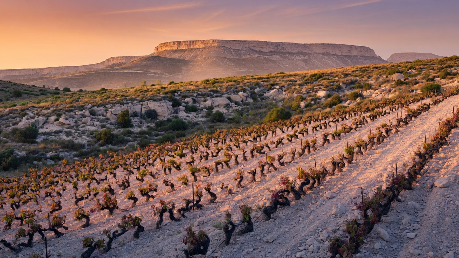 Limestone vineyard rows on the Jumilla plateau at late-day light, generated scene