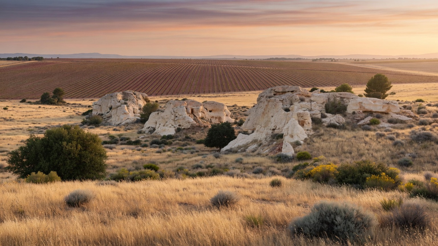 Jumilla plateau of dry grass, limestone, and distant vineyard, generated scene