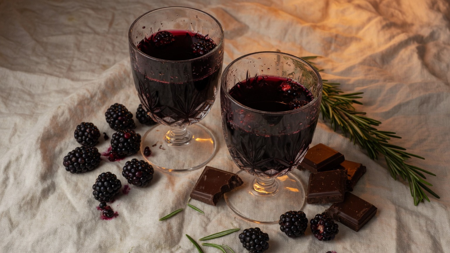 Two glasses of dense Syrah with blackberries and rosemary on linen