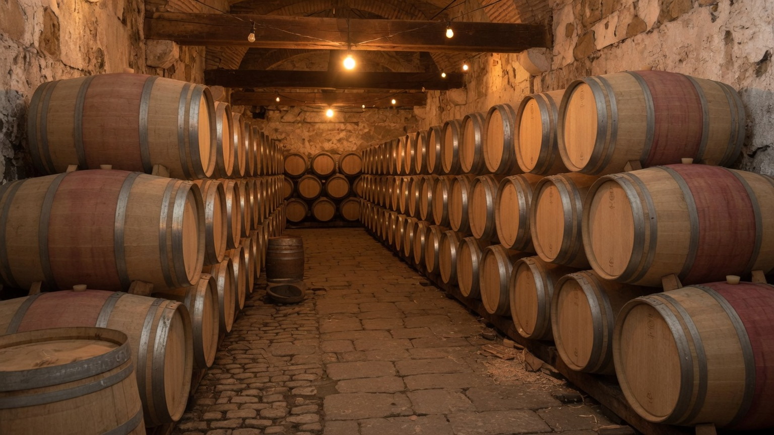 New oak barrels in a Spanish cellar aisle, generated scene