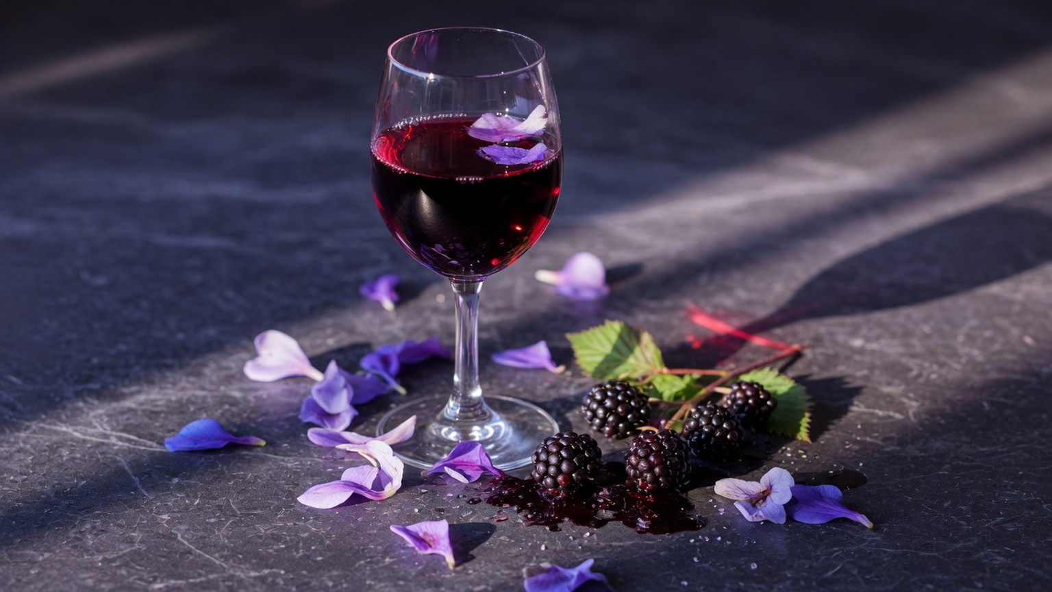 Crystal glass of dense purple wine beside blackberries and violet petals