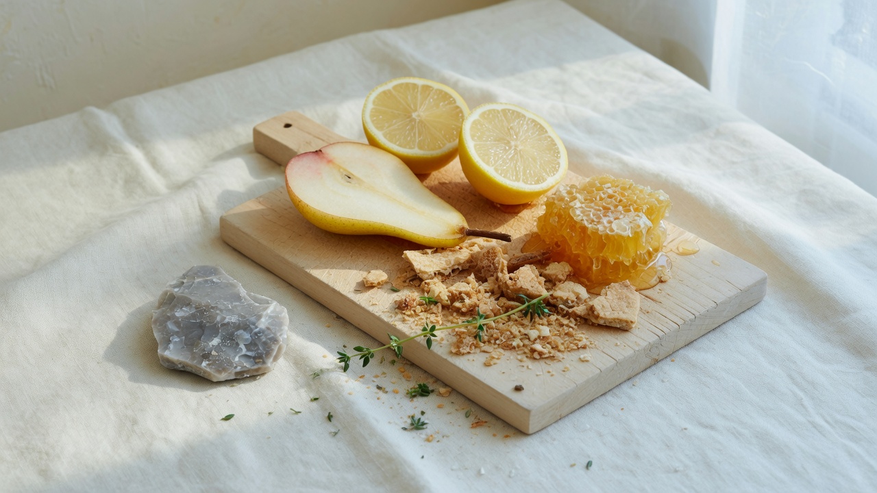 Pear, lemon, honeycomb and flint still life