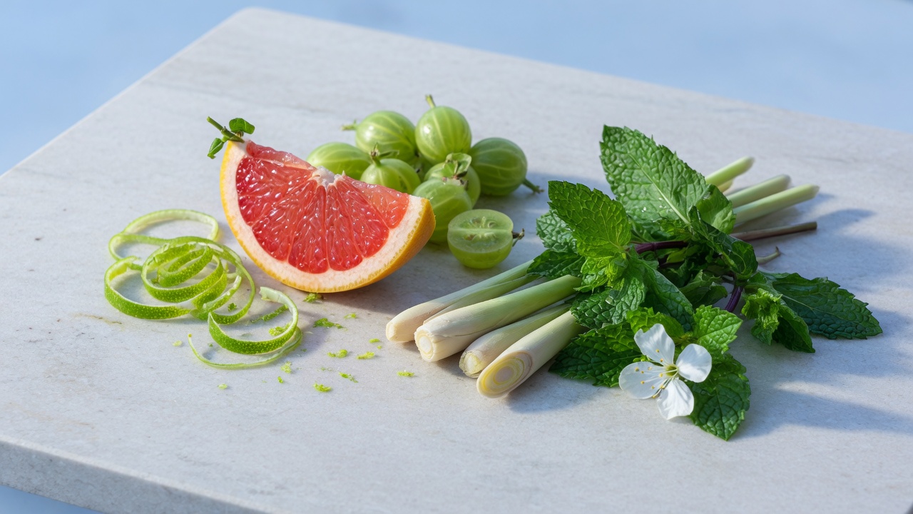 Grapefruit, gooseberry, lime and mint still life