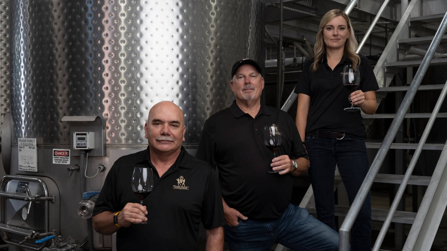 Three winemakers in the Frank Family cellar