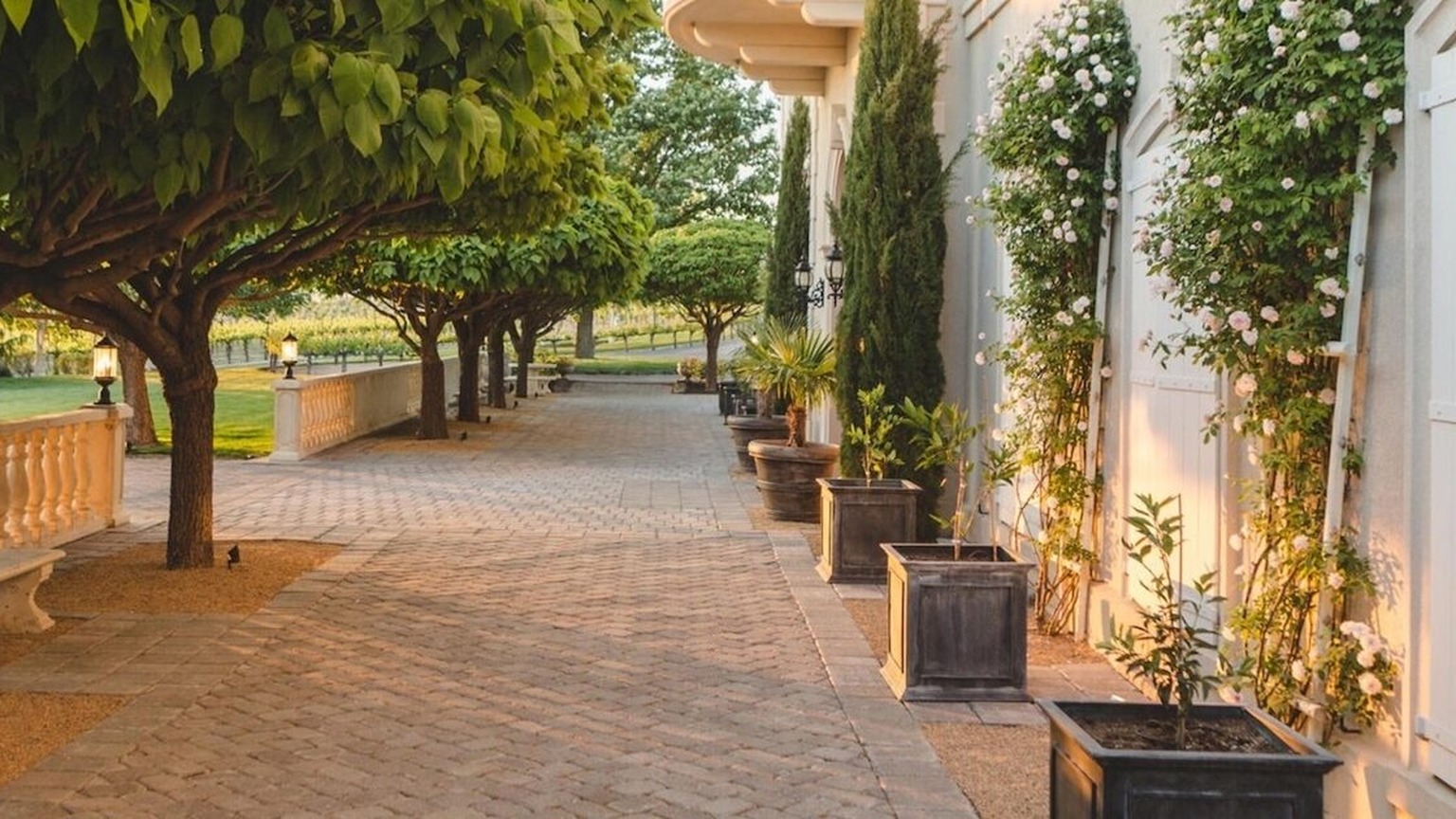 Hedges Family Estate chateau at sunset