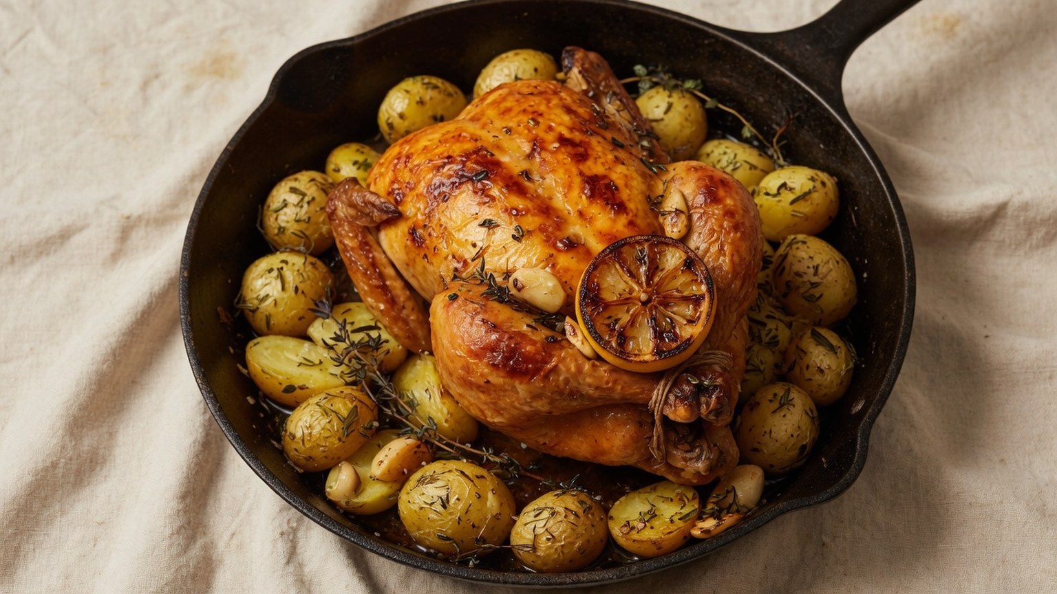 Lemon roast chicken with herb potatoes in one pan, food only