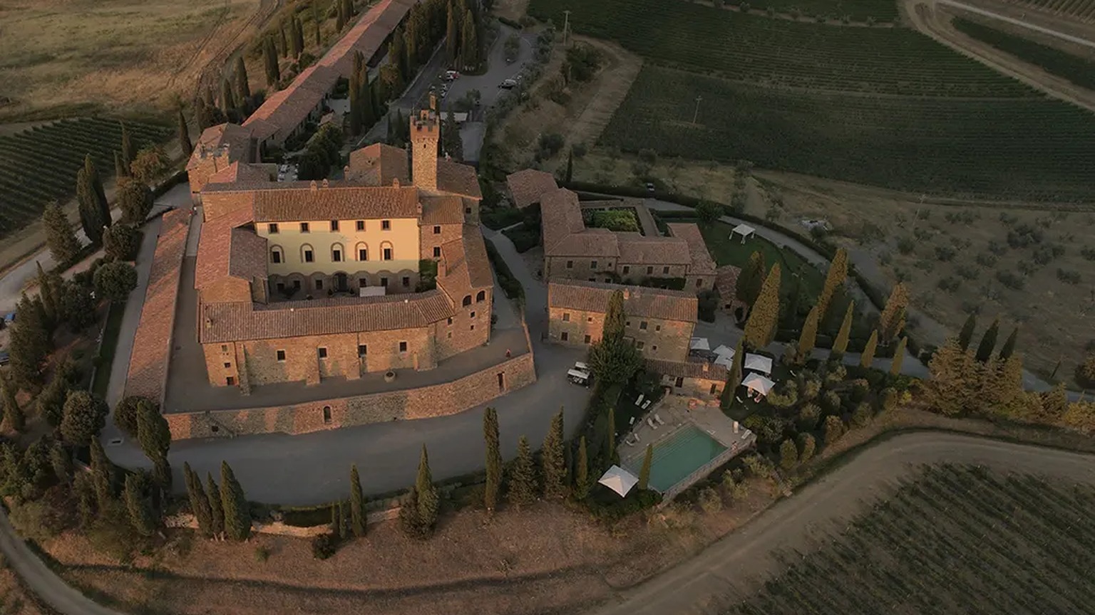 Drone view of a tower at Castello Banfi