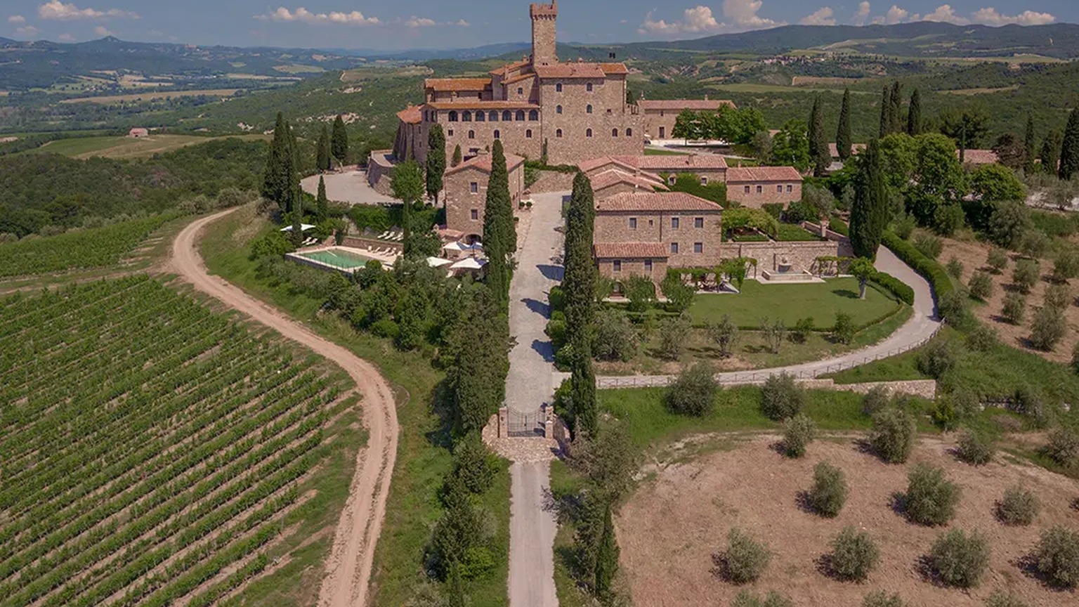 Aerial view of Castello Banfi at Poggio alle Mura in Montalcino