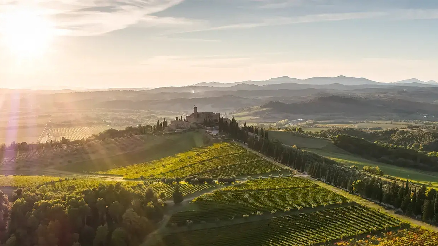 Wide view of the Castello Banfi estate and the surrounding Tuscan hills