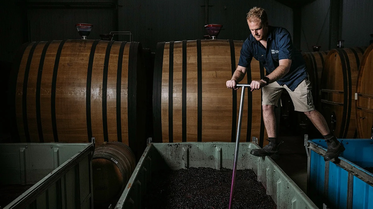 A Torbreck winemaker punching down a red ferment