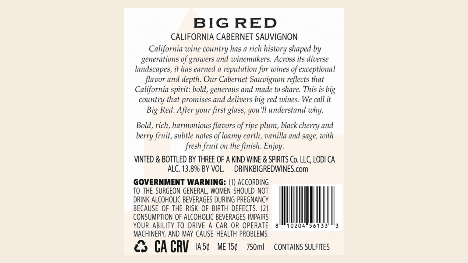 Big Red California Cabernet Sauvignon back label