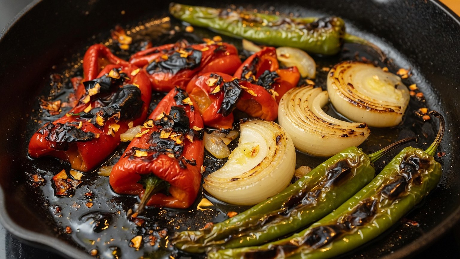 Charred red peppers, onions, and green chiles in a skillet